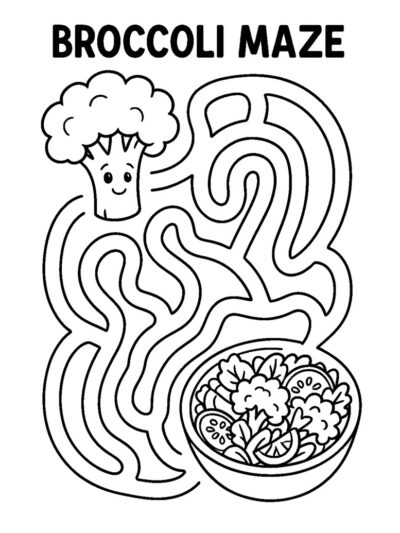 broccoli coloring maze activity, free printable for kids