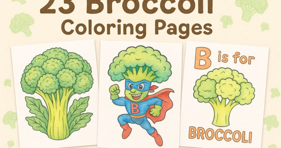 Three broccoli coloring pages featuring a realistic broccoli stalk, a superhero broccoli character with a cape, and a “B is for Broccoli” alphabet page. Hand-colored with soft pencil shades on a beige background with broccoli illustrations.