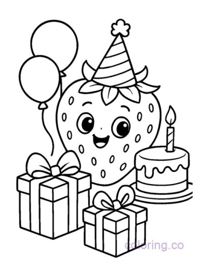 Birthday Strawberry Coloring Page for Kids