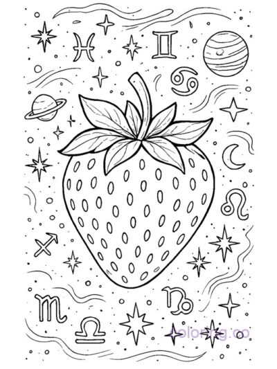 Cosmic Strawberry Zodiac Coloring Page for Teens