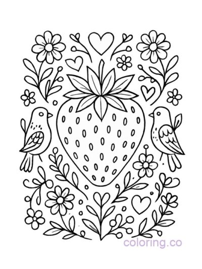 Intricate Folk Art Strawberry Coloring Page for Adults