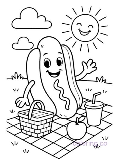 Happy Hotdog Picnic Coloring Page for Preschool