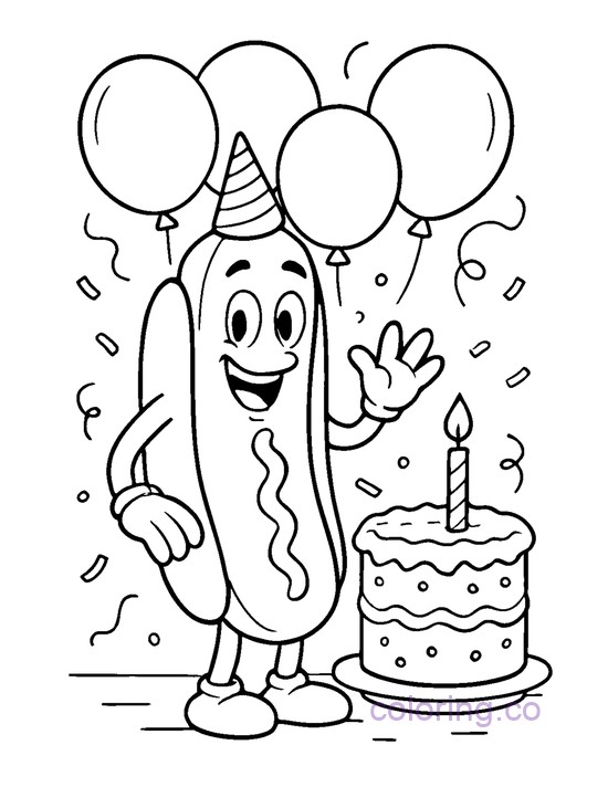 Fun Hot dog Birthday Party Coloring Page