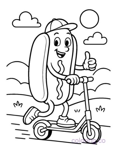 Fun Hotdog on Scooter Coloring Page for Kids