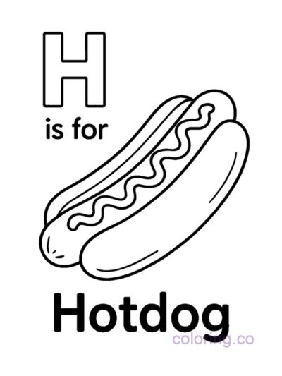 H is for Hotdog Coloring Page for Preschoolers