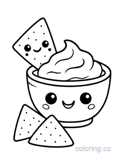 Kawaii Chips and Dip Coloring Page for Kids