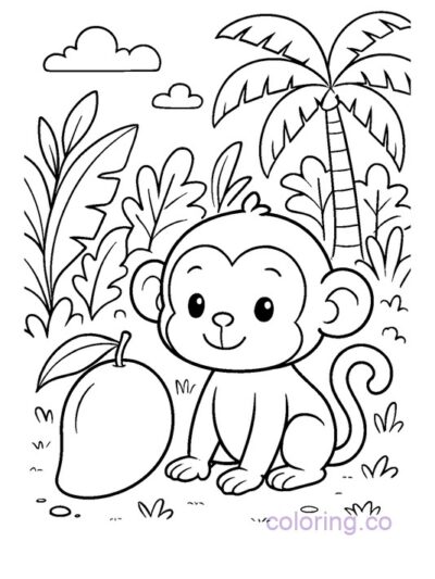 Cute Monkey with Mango Coloring Page for Kids
