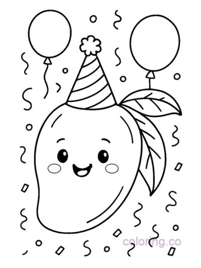 Cute Mango with Party Hat Coloring Page for Kids