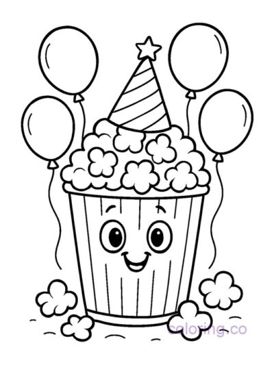 Popcorn Birthday Party Coloring Page for Kids