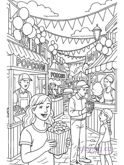 Fun Popcorn Festival Coloring Page for Kids