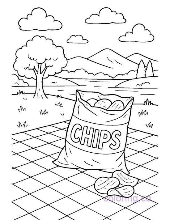 Fun Picnic Coloring Page with Potato Chips