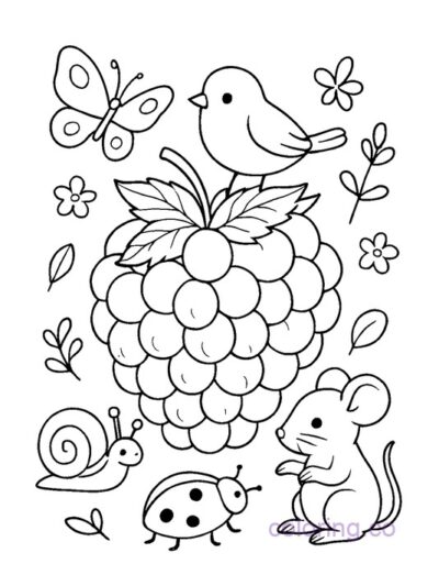 Raspberry and Animal Friends Coloring Page for Kids