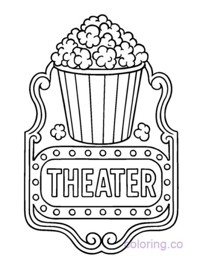 Retro Popcorn Theater Sign Coloring Page