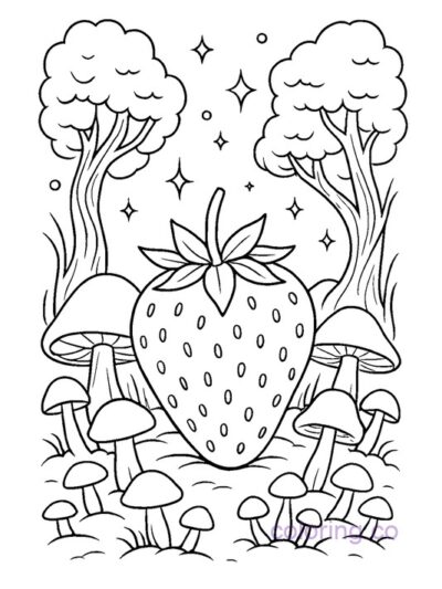 Magical Forest Strawberry Coloring Page for Kids