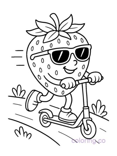 Fun Strawberry on Scooter Coloring Page for Kids