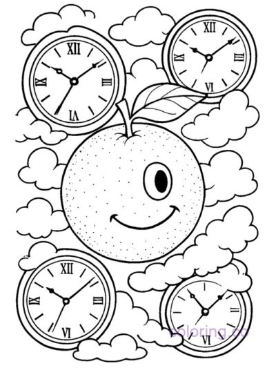 Surreal Orange and Clock Coloring Page for Teens