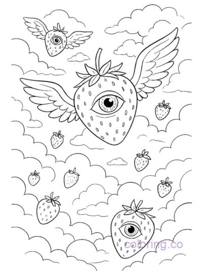 Surreal Strawberry World Coloring Page for Teens