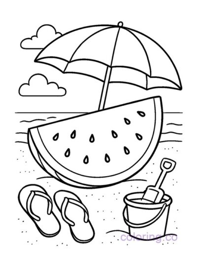 Fun Watermelon Beach Coloring Page for Kids