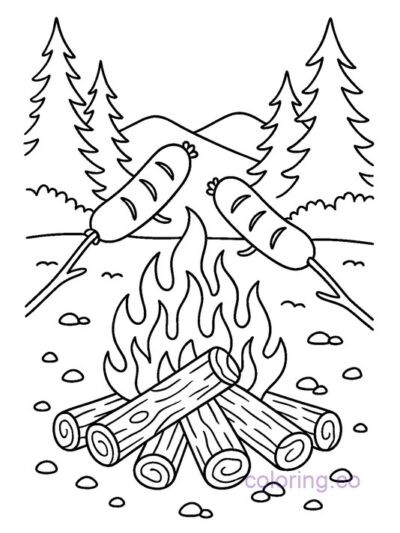 Cozy Campfire Hotdogs Coloring Page for Kids and Teens