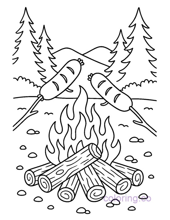 Cozy Campfire Hot dog Coloring Page