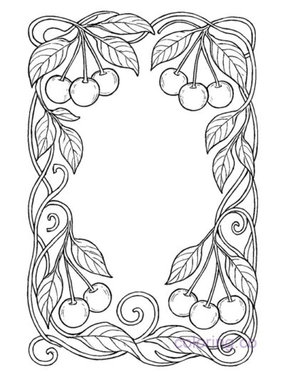 Cherry Art Nouveau Frame Coloring Page