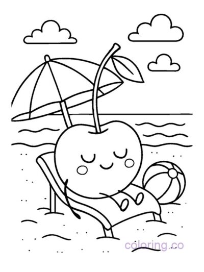 Cute Cherry Relaxing at the Beach Coloring Page