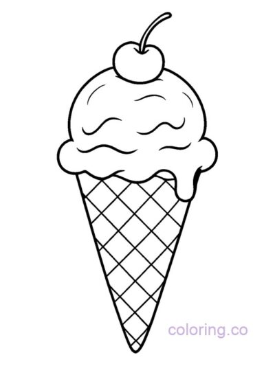 Cute Cherry Ice Cream Cone Coloring Page for Kids