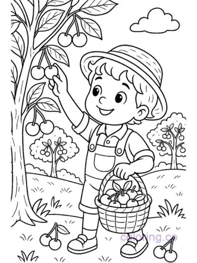 Fun Cherry Picking Coloring Page for Kids