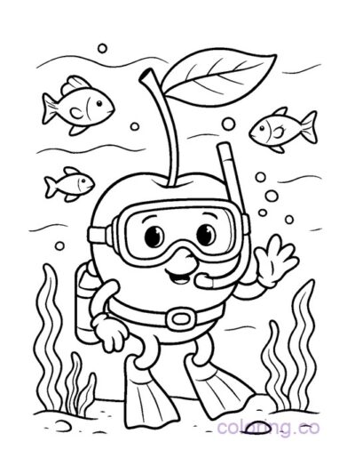 Cute Cherry Diving Adventure Coloring Page