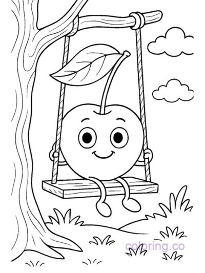Adorable Cherry on Swing Coloring Page for Kids