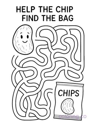 Fun Maze Coloring Page: Help the Chip Find the Bag