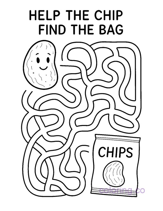 Fun Maze Coloring Page: Help the Chip Find the Bag