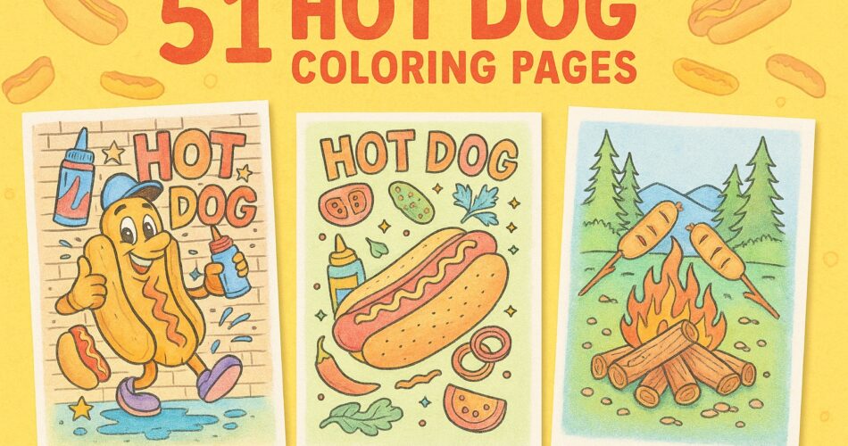 Featured image for 51 Hot Dog Coloring Pages showing three examples: a cartoon hot dog character holding condiments, a decorated hot dog with toppings, and campfire hot dogs roasting on sticks.
