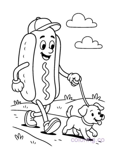 Hotdog Character Walking a Dog Coloring Page