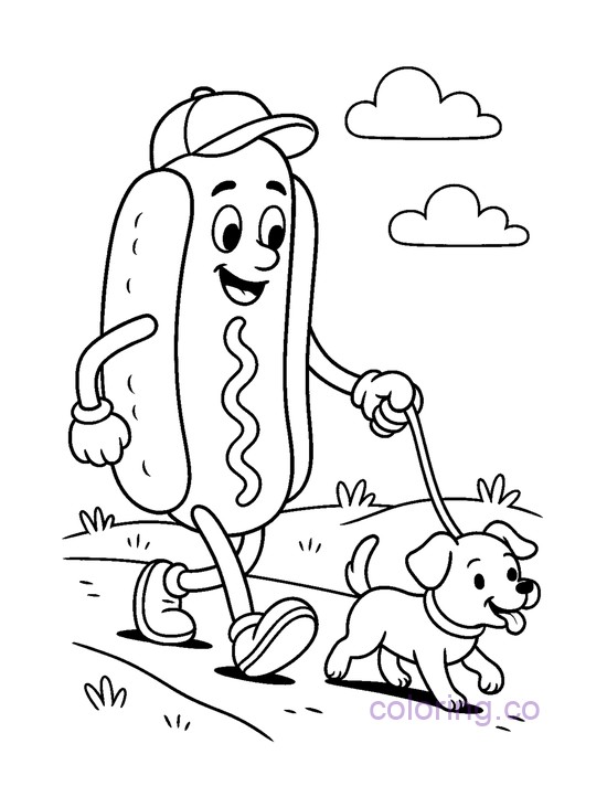 Hot dog Character Walking a Dog