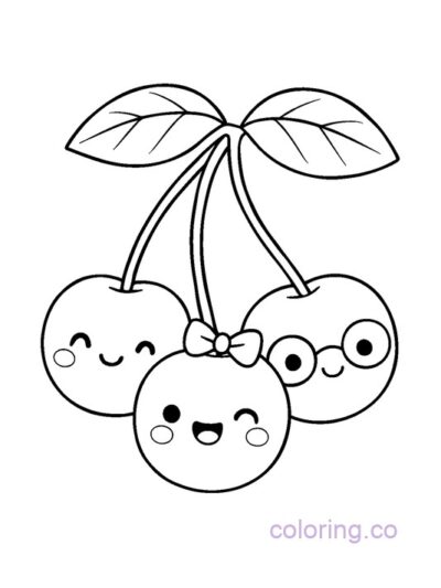 Cute Kawaii Cherry Trio Coloring Page for Kids