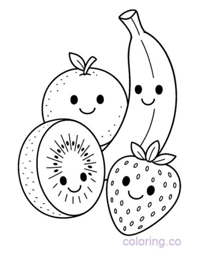 Cute Kiwi and Fruit Friends Coloring Page for Kids