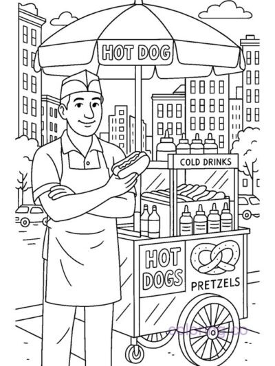 NYC Hot Dog Vendor Coloring Page for Kids & Teens