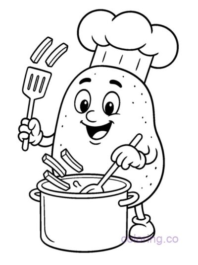 Potato Chef Fry Cooking Fun Coloring Page