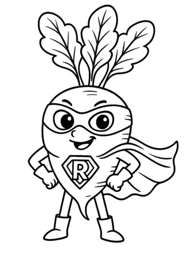 superhero radish coloring page, fun vegetable coloring pages for kids