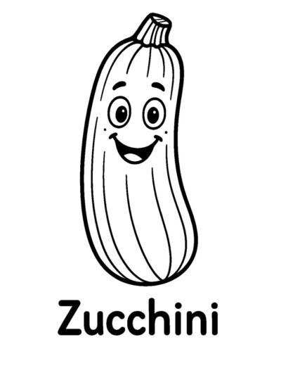 smiling zucchini coloring page for kids, vegetable printable coloring pages