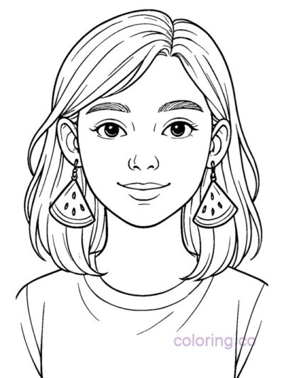 Teen with Watermelon Earrings Coloring Page