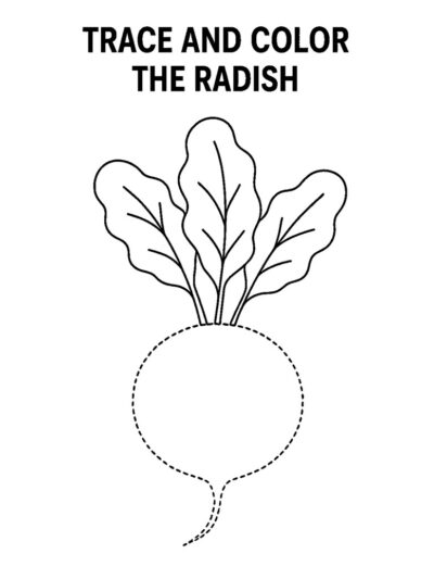 trace and color radish coloring page, free preschool printables