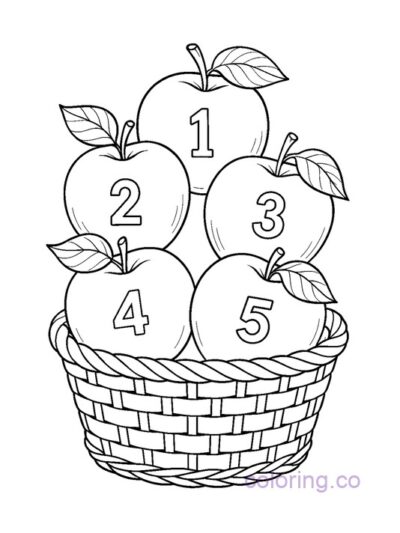 Counting Fun: Five Apples in a Basket Coloring Page
