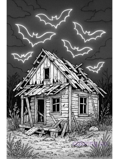 Spooky Abandoned Cabin with Neon Bats Coloring Page