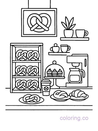 Aesthetic Pretzel Café Coloring Page for Teens