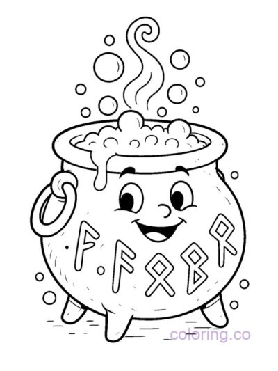 Cartoon Cauldron with Runes Coloring Page