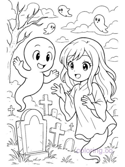 Anime Ghost Friends Coloring Page
