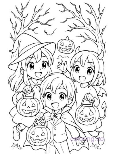 Halloween Anime Trick-or-Treaters Coloring Page