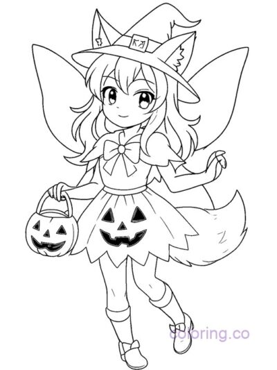 Anime-Inspired Halloween Fox Fairy Coloring Page